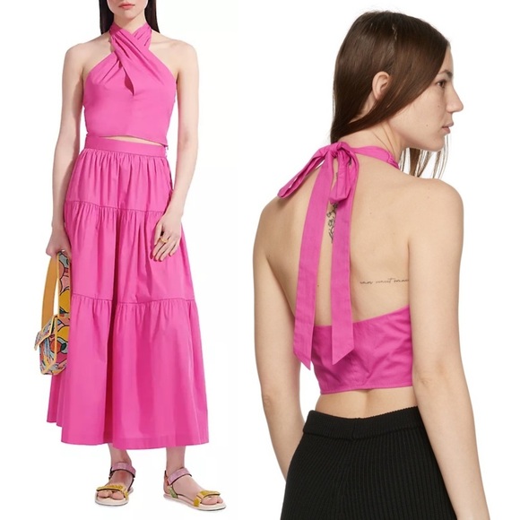 STAUD 70s Cotton Twist Front Open Back Halter Tie Neck Sleeveless Crop Top 0 - Picture 4 of 10